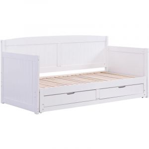 Lit gigogne banquette 90 x 190 ou 180 x 190 cm - Avec sommier peigne et tiroirs - Pin et MDF - Blanc - DINIVA