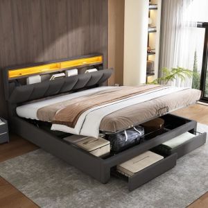 Modernluxe - Lit coffre rembourr&eacute; 140x200cm en lin avec tiroirs - t&ecirc;te de rangement avec led - sommier &agrave; lattes - Gris
