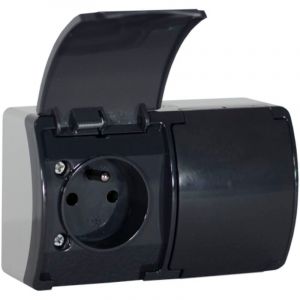 Prise &eacute;tanche double avec terre (2x2P+T) &agrave; clapet gris anthracite IP44 KOALA