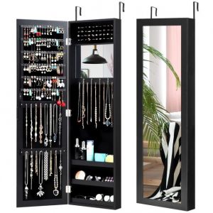 COAST Armoire à bijoux avec miroir - suspendue ou sur pied - Porte avec miroir, miroir de maquillage et 3 étagères de rangement - Noir