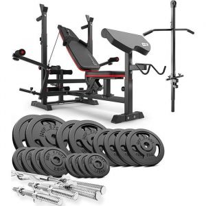 Hop-Sport Ensemble d'halt&egrave;res 106 kg et Banc de Musculation Multifonction HS-1075, Pupitre de Biceps, Papillon, Poulie haute, Set de disques de poids en fonte 31 mm, Kit de Barres d'halt&egrave;res