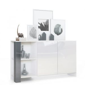Buffet bas Canto - VLADON - 2 portes - 6 compartiments - blanc mat/brillant - gris haute brillance