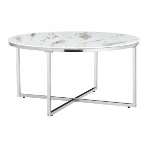 Table basse ronde LORIE chrome plateau en verre marbré blanc D90 cm