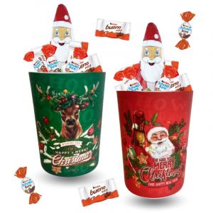 Lot de 2 verres mélaminés de Noël garnis de 20 chocolats: Kinder & Moulage Père Noël | Idéal pour décorer la table des enfants