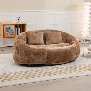 Canap&eacute; Pouf Relax En Mousse Souple Matelass&eacute;e Confortable Avec Tissu De Peluche, Caf&eacute;