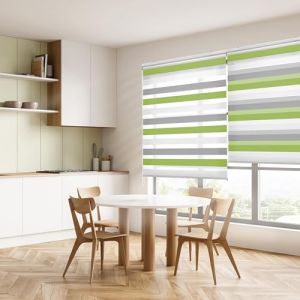 Blindecor Lira Store enrouleur jour nuit tissu double, tricolore gris, pistache, Blanc, 120 x 180 cm