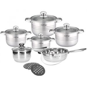 Ensemble de Cuisine 4 Marmites/1 Sauteuse/1 Casserole et 2 Supports de Marmite Cheffinger Argent