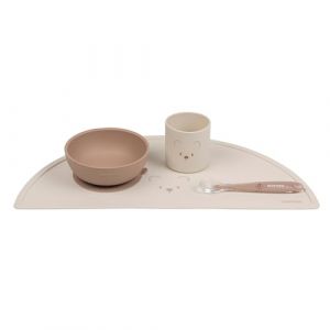 Nattou Vaisselle en Silicone pour Enfants, Set Repas 4 Pièces, 1 Cuillère, 1 Bol avec Couvercle, 1 Gobelet, 1 Set de Table, sans BPA, Vegan, Silicone, Modèle Nature