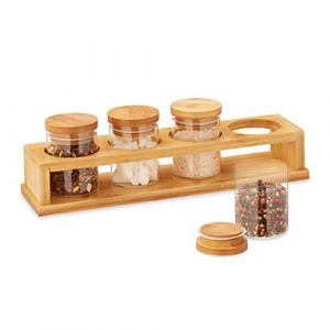 Relaxdays Set pots à épices, 4 boîtes, conservation, condiment, couvercle, verre et bambou, support, nature/transparent