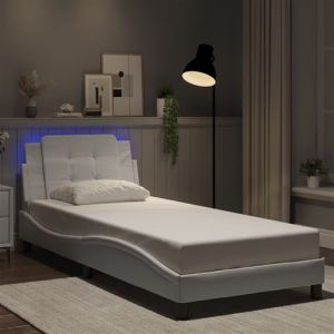 VidaXL Cadre de Lit avec Lumi&egrave;res LED, Lit Rembourr&eacute;, Lit Simple, Lit Adulte de Chambre &agrave; Coucher Int&eacute;rieur, Moderne, Blanc 90x200 cm Similicuir