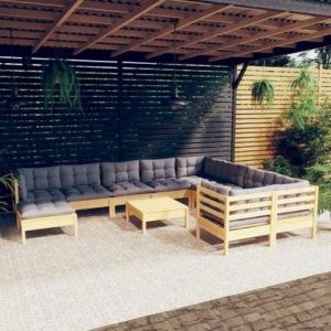 VidaXL Salon de jardin 11 pcs avec coussins gris bois de pin