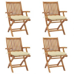 VidaXL 4 pcs. chaises de jardin pliantes en teck avec accoudoirs et coussins de 4 cm. en couleur crème