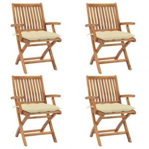 VidaXL 4 pcs. chaises de jardin pliantes en teck avec accoudoirs et coussins de 4 cm. en couleur crème