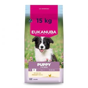 Eukanuba Life Care Croquettes Chiots Moyenne Race 1à 12 Mois, Riche en Poulet Frais, Croissance optimale - DHA, Calcium, Oméga 3&6, prébiotiques FOS, sans colorants, arômes artificiels ni OGM – 15 kg