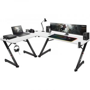 Bureau d'angle gaming HUZARO HERO 7.0 Blanc, Bureau PC, Informatique, Pc gaming, Panier à boissons, Crochet casque, MDF Carbon