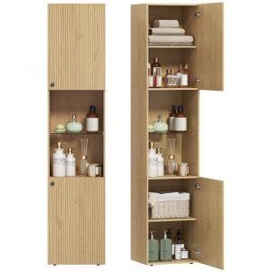 Image de Homcom Armoire salle de bain haute - 6 niveaux 2 portes et étagères réglables - panneau de particules et MDF - 40x31x182cm - chêne