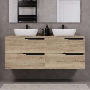 Meuble de salle de bain 140cm avec plateau et deux vasques à poser zeus - 4 tiroirs - sans miroir - madera miel (chêne clair) - LUNA