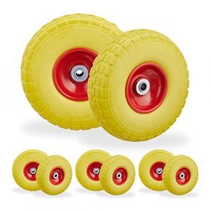 Relaxdays Roue de Diable, Lot de 8, Caoutchouc, 260x85 mm, increvables, 16 mm, 4.1/3.5-4 essieu, jusqu'à 150 kg, Jaune-Rouge