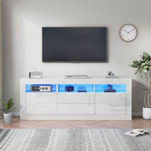 Meuble TV - JAERLIUB - 160 cm - &Eacute;clairage LED - 3 Espaces Ouverts - 2 Portes et 2 Tiroirs