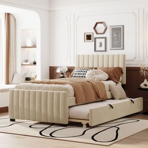 Lit adulte capitonné 90 x 190 cm, lit enfant avec lit gigogne, velours, sans matelas, beige