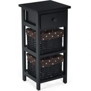 Table de Chevet, Table de Nuit en Bois de Paulownia avec 1 Tiroir et 2 Panier d'Osier Noir - Costway
