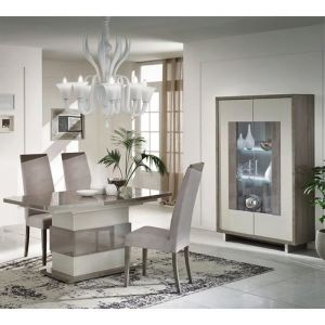 Auxane - Pack S&eacute;jour Table Allongeable + Vitrine 2 Portes Led Gris Metallis&eacute; et Mat