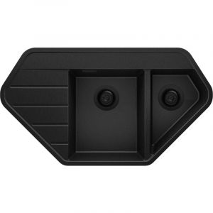 Evier d'angle en Granit 90x50cm, Lavabo Cuisine 1,5 bacs + Kit de Vidage, Évier à Encastrer au meuble 80cm - Copenhague Corner, Tout Noir - Primagran