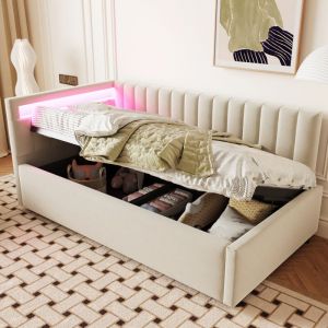 Image de Canapé-lit rembourré 90x200cm, lit coffre avec led, lit enfant/adulte, velours, sans matelas, beige
