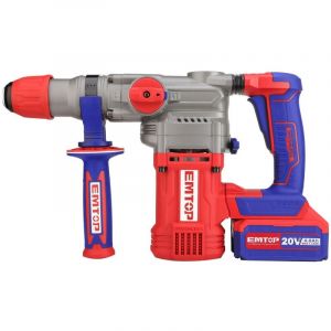 Marteau perforateur Burineur sans fil EMTOP 20V avec 1 chargeur + 2 Batteries 4.0Ah Lithium-ion Moteur brushless avec 3 forets et 1 burin Rotatif 26 m