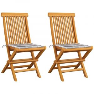 Chaises de jardin 2 pcs avec coussins à carreaux gris Teck