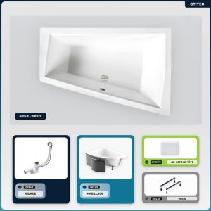 Baignoire asymétrique - 180 x 125 cm - Droite - avec Habillage - Pieds - 2 Repose-têtes - Vidage Chrome - INTIMA DUO