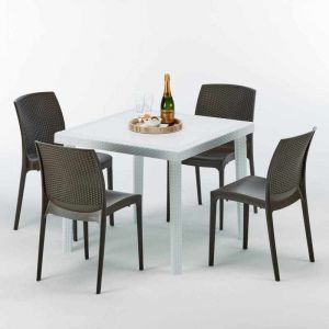 Grand Soleil Table carr&eacute;e et 4 chaises Poly rotin resine color&eacute;es 90x90 blanc | Boheme Marron Moka