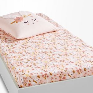 Image de Drap housse enfant coton biologique, Lapin fleuri Imprimé Rose Taille 90x140cm