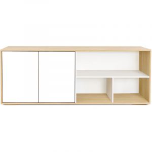 Miliboo Buffet bas scandinave blanc et bois clair chêne massif L190 cm EZIA - L190xP44xH69.6