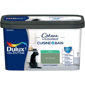 Dulux Valentine Peinture Intérieure Crème de Couleur Cuisine et Salle de Bain - Pièces Humides Murs et Boiseries - Résistant aux taches et à l'humidité - Satin Vert Ginkgo 2 L