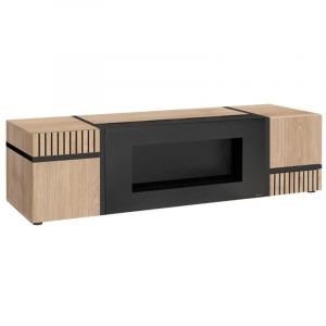 Meuble TV CRISS avec cheminée bio-éthanol – 2 portes – L150 cm – Chêne clair et noir