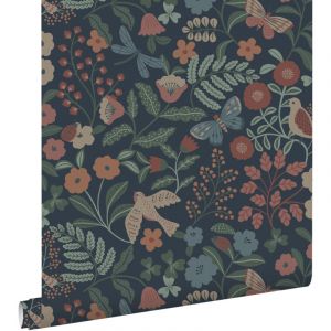 Estahome - papier peint fleurs et oiseaux bleu foncé, rose et vert