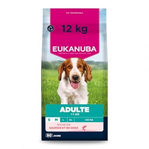 Eukanuba Life Care Croquettes Chien Adulte Petite et Moyenne Races 1 Ans +, Riche en Saumon & Orge, L-Carnitine, Oméga 3&6, prébiotiques, sans colorants, arômes artificiels ni OGM – 12kg