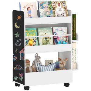 Biblioth&egrave;que pour enfant - AIYAPLAY - roulettes - tableau noir - pour enfant de 3 &agrave; 8 ans - MDF - 66,5x32,5x86,5cm, blanc