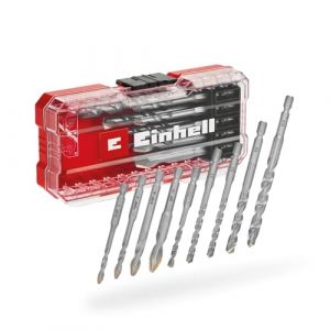 Einhell Original S-CASE Set de 10 forets &agrave; carrelage HM (en acier &agrave; outils, plaquette en m&eacute;tal dur sp&eacute;cialement aff&ucirc;t&eacute;e, pointe de centrage, double spirale, tige E 6.3 y compris bo&icirc;te de rangement)