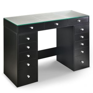 Image de Coiffeuse moderne avec 13 tiroirs et plateau en verre transparent Probeauty Noir