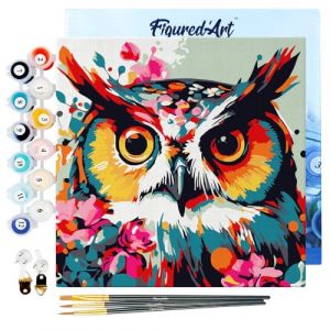 Figured'Art Mini Peinture par Numéro Adulte 20x20cm avec cadre Hibou Fantaisie et Fleurs - Petit Format Kit de Loisir Créatif DIY Numéro d'Art Complet