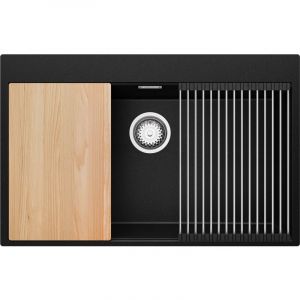 Evier Cuisine en Granit 78 x 50 cm Lavabo 1 bac + Siphon Classique, Évier à Encastrer de Primagran, Noir Metallic - black#multicolour