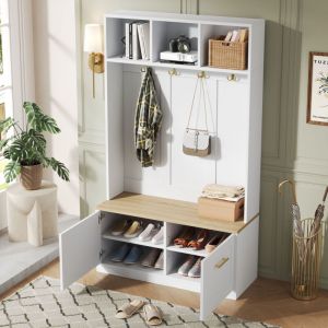 Vestiaire porte-manteau d'entr&eacute;e H180 cm avec banc, 4 crochets et rangement, MDF/PB, blanc et bois naturel