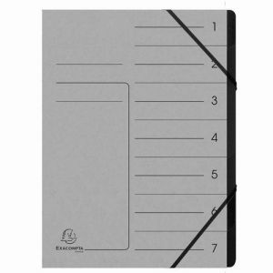 Exacompta Réf. 540711E - Carton de 10 trieurs dos agrafé - avec élastiques - couverture imprimée en carte lustrée et intérieur en carte recyclée noire - 7 compartiments - 24,5x 32 cm - A4 - gris