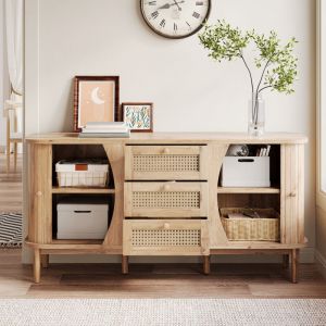 Commode - Buffet de rangement en rotin avec 3 tiroirs et portes coulissantes, Armoire de cuisine avec &eacute;tag&egrave;re r&eacute;glable,120x40x76cm