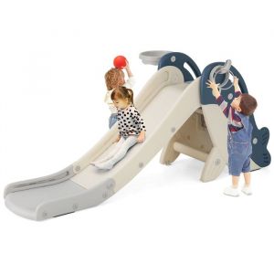 4 en 1 Toboggan Enfant Pliable en HDPE Forme Baleine, Panier de Basket & Jeu de Lancer d'Anneaux, Aire de Jeux Int&eacute;rieure avec &Eacute;chelle, pour 3 Ans+