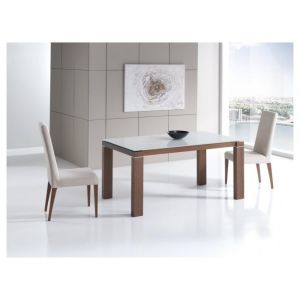 Table repas extensible ARMONIA 10 couverts 140/240x90cm pieds noyer plateau verre blanc