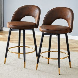 Tabouret de bar 360&deg; rotatif tissu confortable m&eacute;tal pieds dor&eacute;s marron et noir