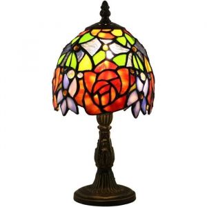 Tokira Lampe De Table De Style Tiffany 6 Pouces, Mini Veilleuse En Vitrail Vintage, Lampes De Chambre A Coucher Rose Rouge Fl